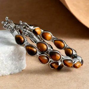 South African Tiger's Eye Hoop Earrings in Stainless Steel 10.25 ctw (New)